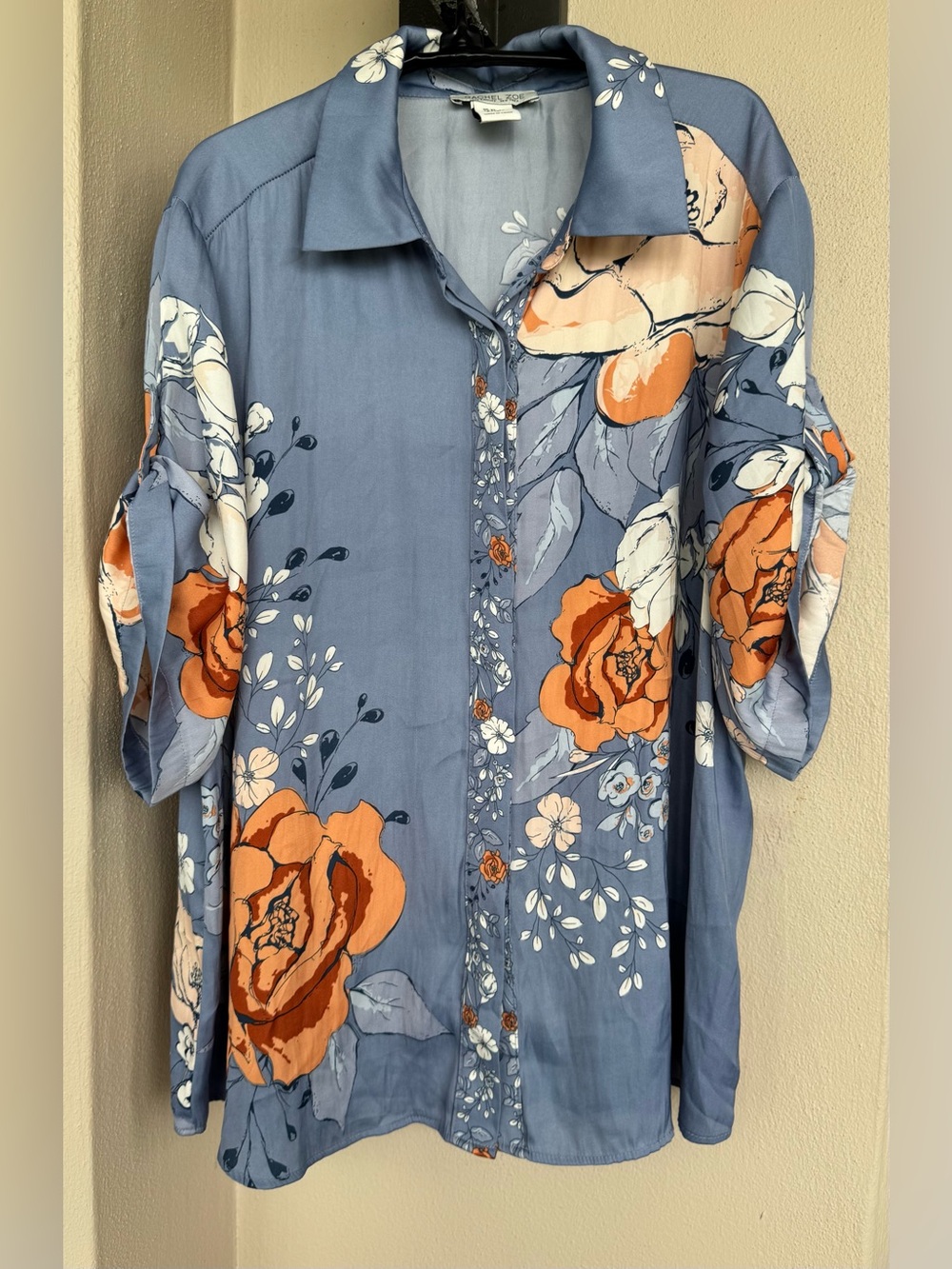 Rachel Zoe Blouse Blue with Peach/Off-White Floral Button Front Short Sleeve XL
